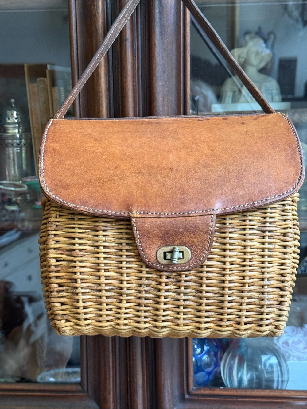 Woven Rattan & Brown Leather fishing hand Bag double sided